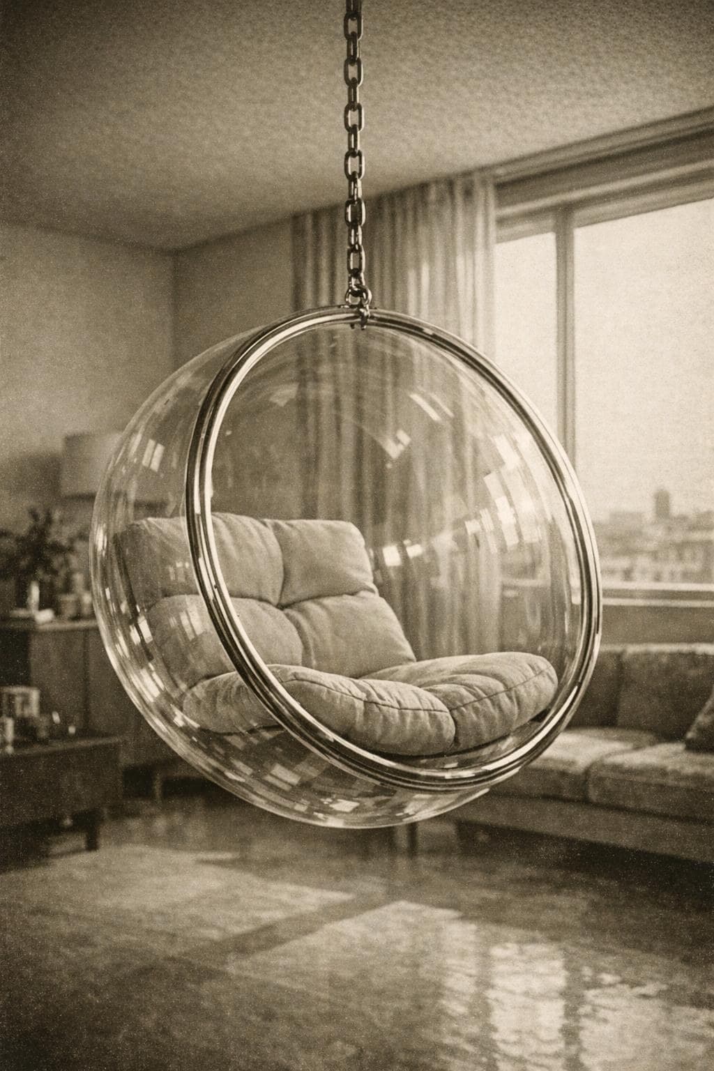 A clear acrylic bubble chair hanging from the ceiling near a window