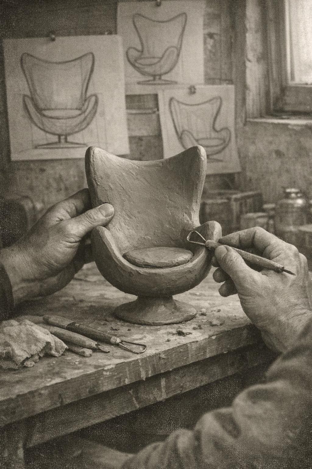 Hands shaping a small clay model of a curved chair shell on a workbench