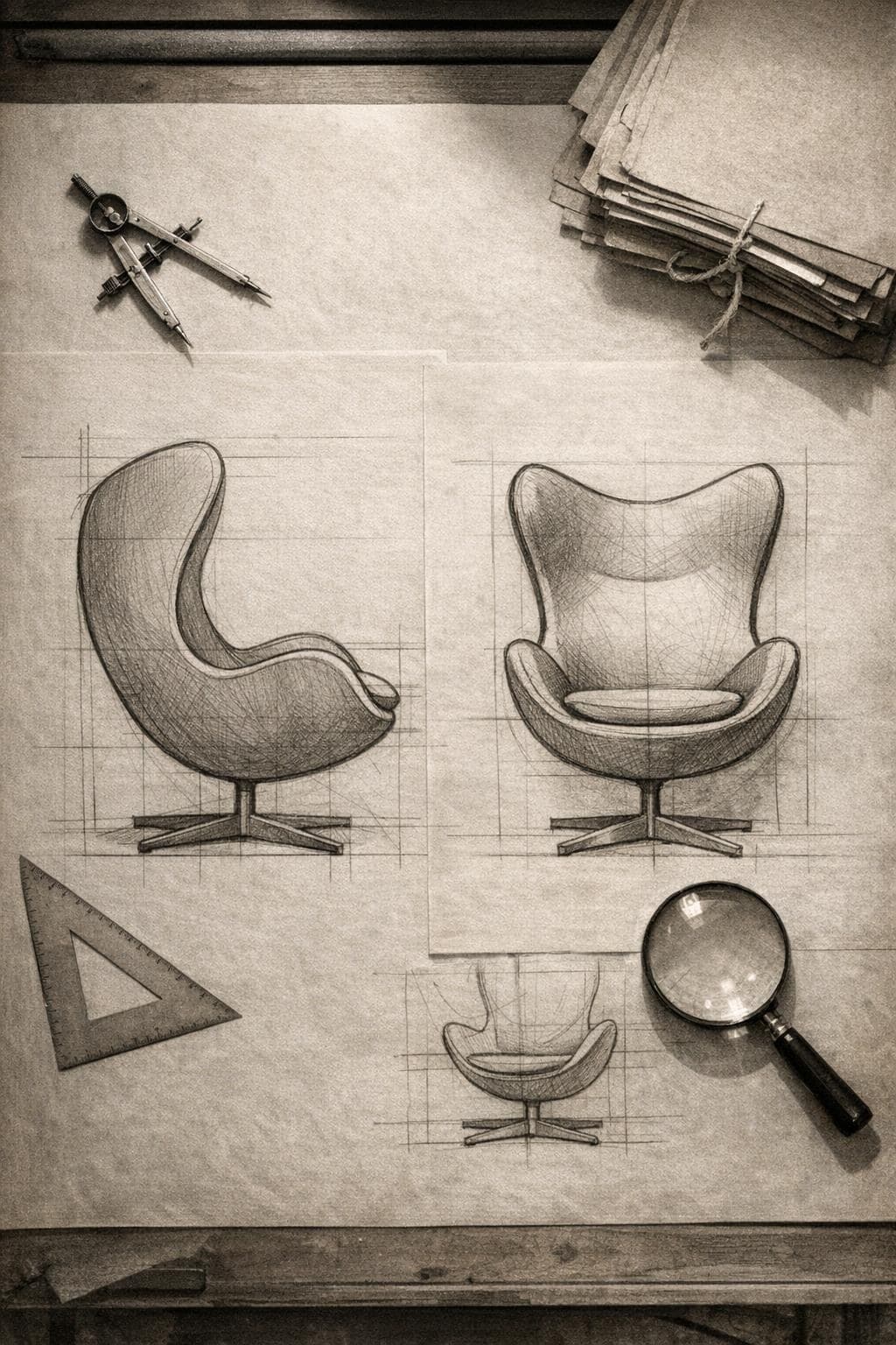 Technical drawings of a curved chair on a drafting table