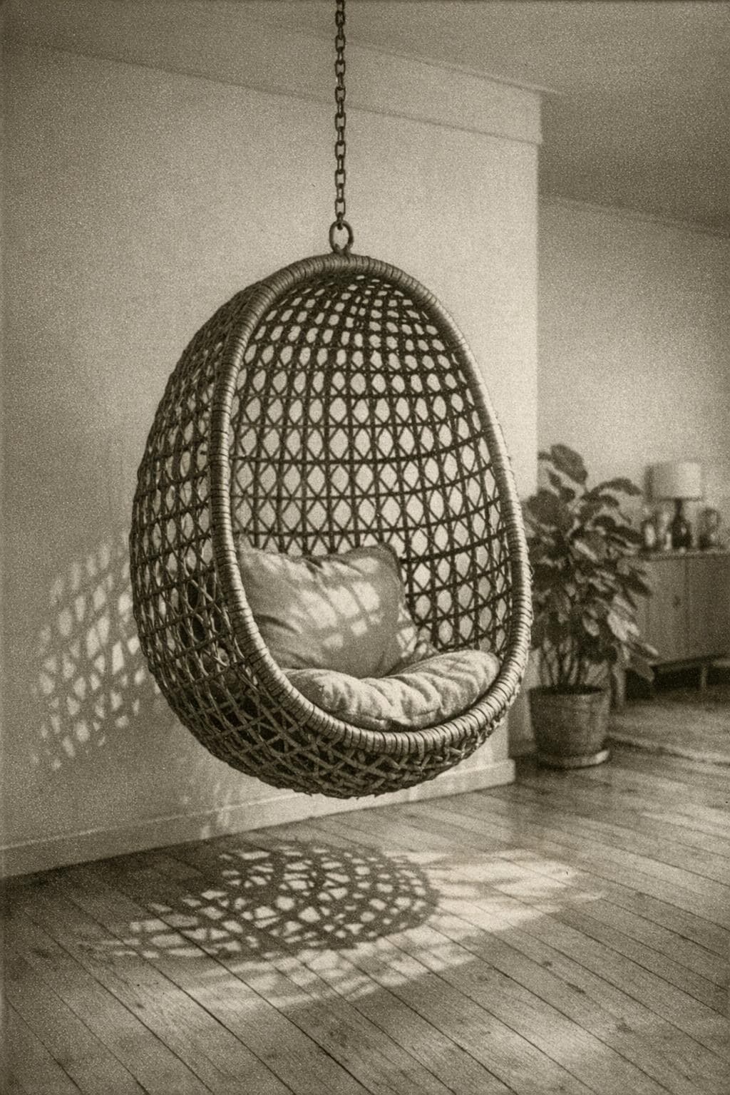 A woven rattan egg chair hanging from a chain in a sunlit room