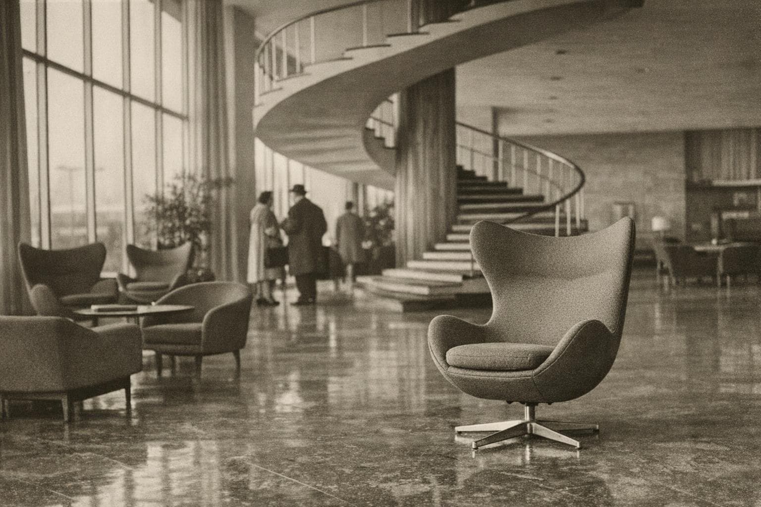 A modernist hotel lobby furnished with egg chairs