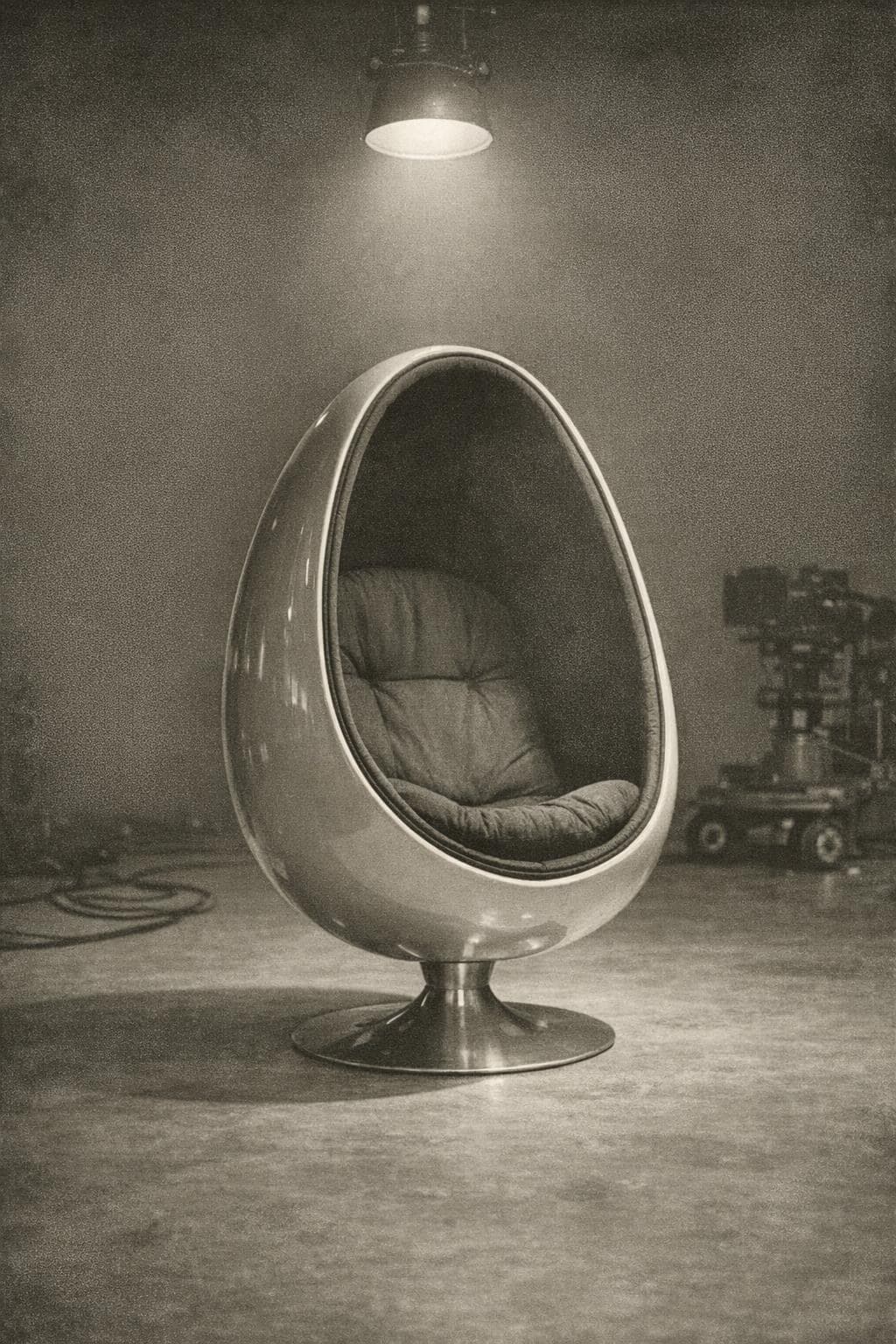 A glossy egg-shaped chair on a swivel base under a studio spotlight
