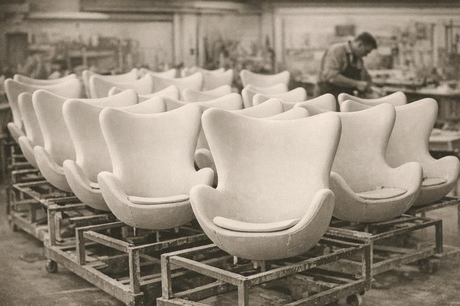 Rows of unupholstered chair shells in a furniture workshop