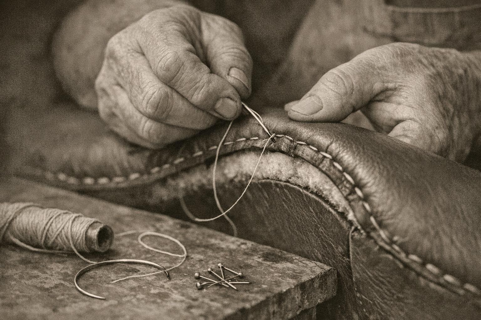 Hands stitching leather over the curved edge of a chair shell
