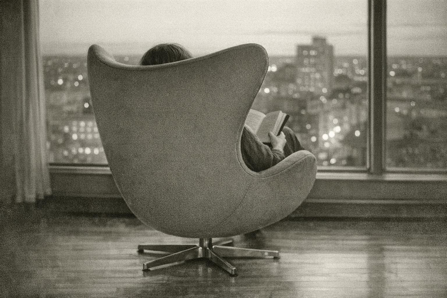 A person curled up reading in an egg chair turned towards a window