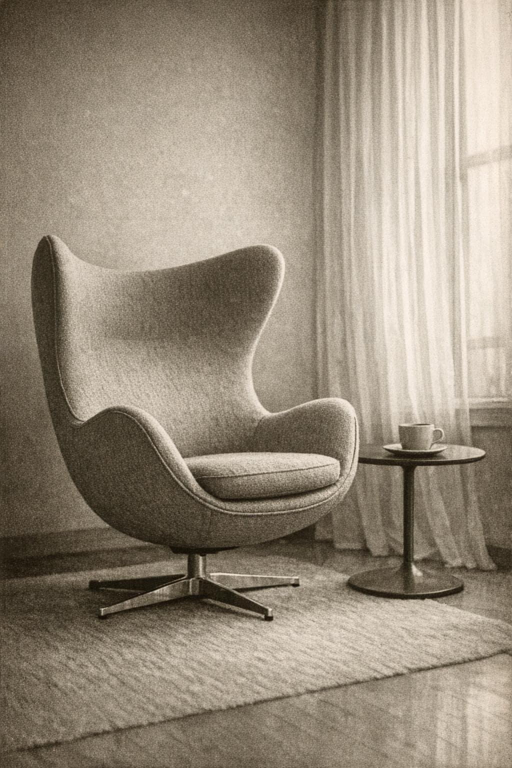 An egg chair turned towards a tall window in a quiet modern room